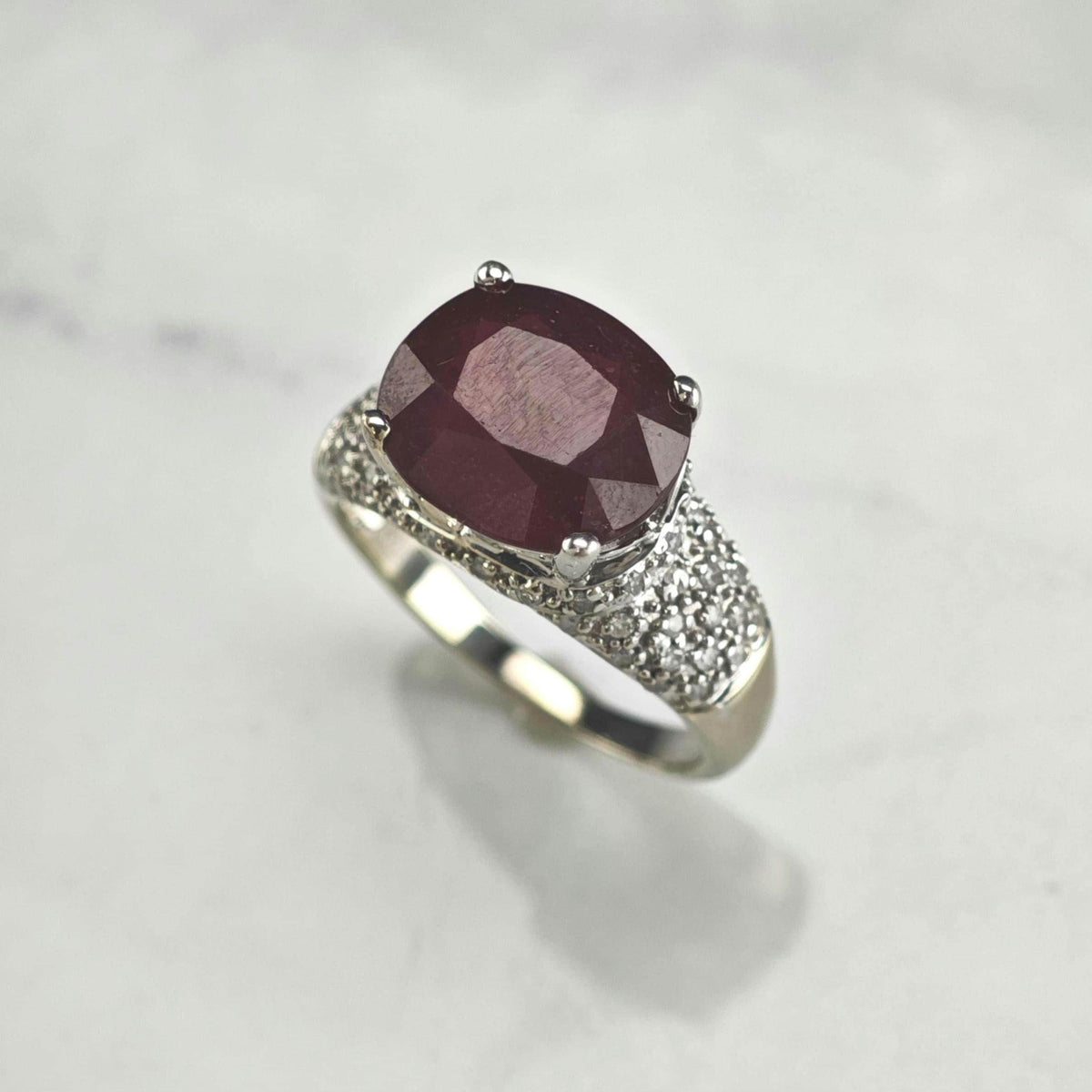7ct Glass Filled Ruby & Diamond Cluster 14K White Gold Ring Sz 8 R6796