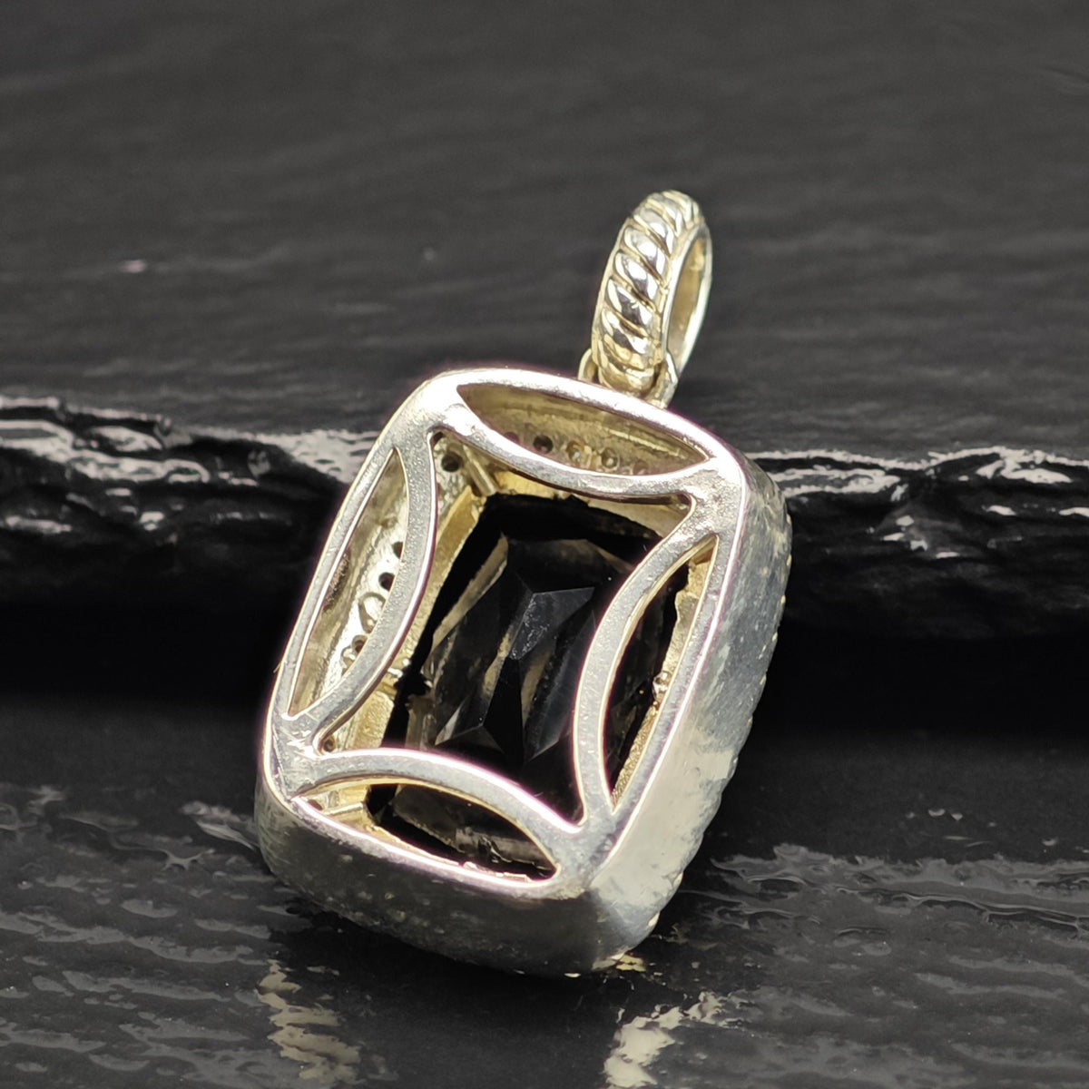 Vintage Designer Diamond Onyx 14K Bezel Woven Sterling Silver Pendant P3087