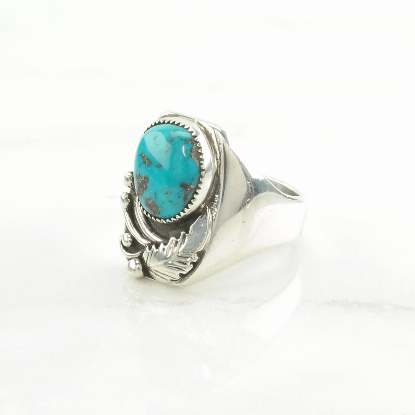 Native American Silver Ring Turquoise Leaf Sterling Blue Size 12