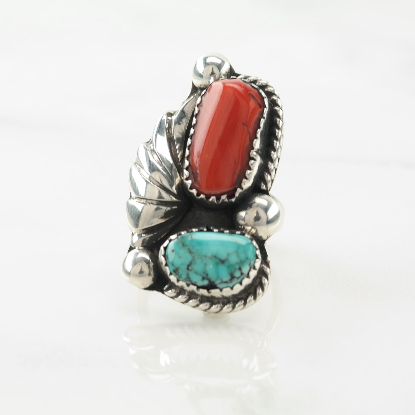 Native Silver Ring Turquoise, Coral Feather Sterling Blue, Red Sz3 3/4 R5545
