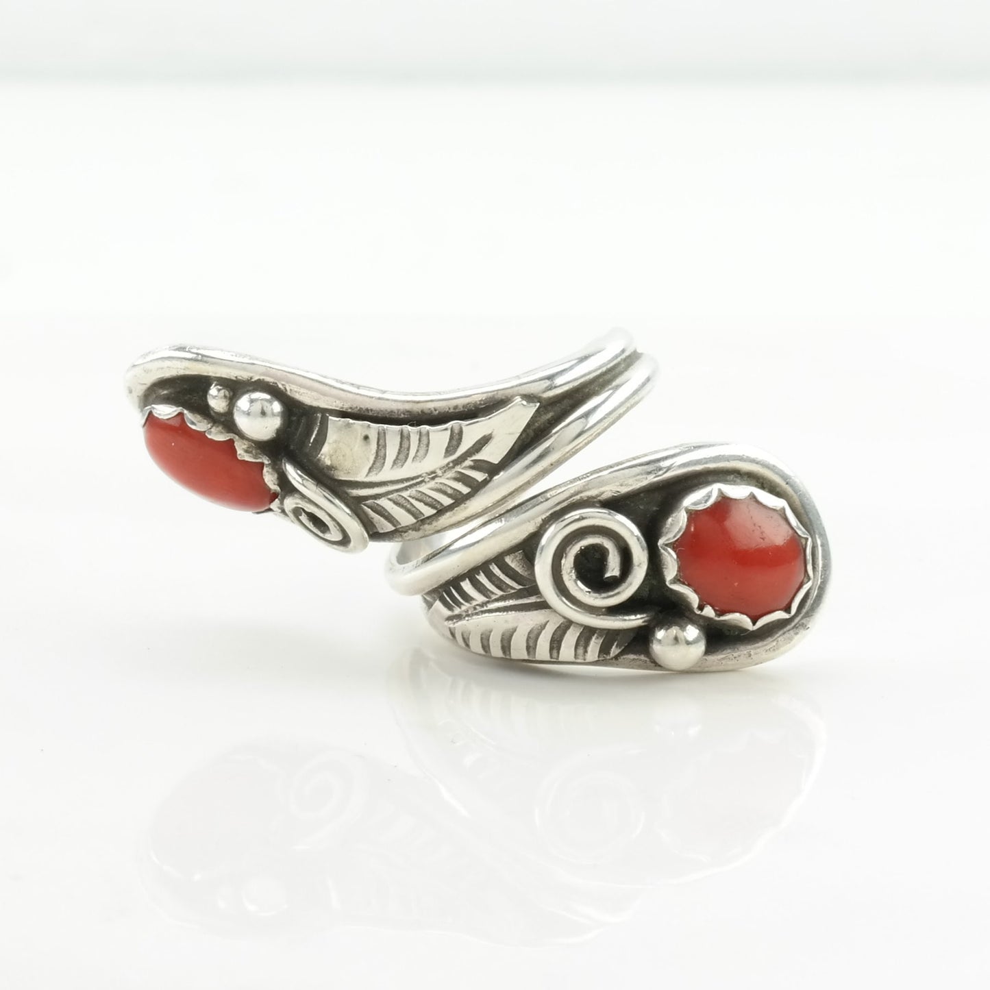 Native American Coral Ring Bypass Sterling Silver