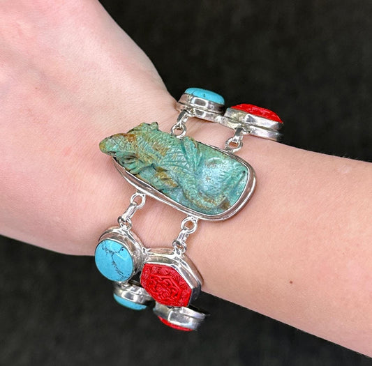 Carved Turquoise Bracelet Sterling Silver Lizard