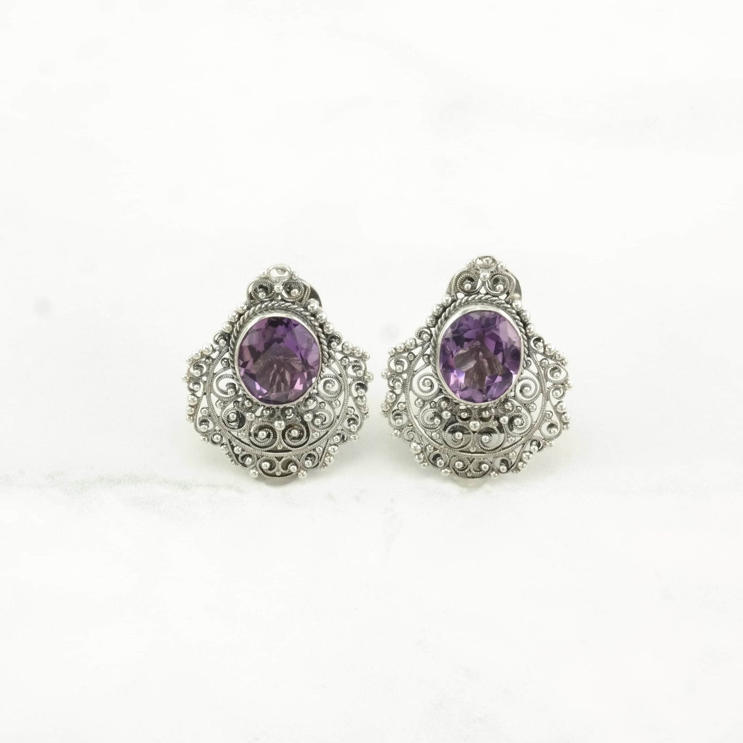 Mid Century Sterling Silver Purple Amethyst Filigree Earrings Clip On