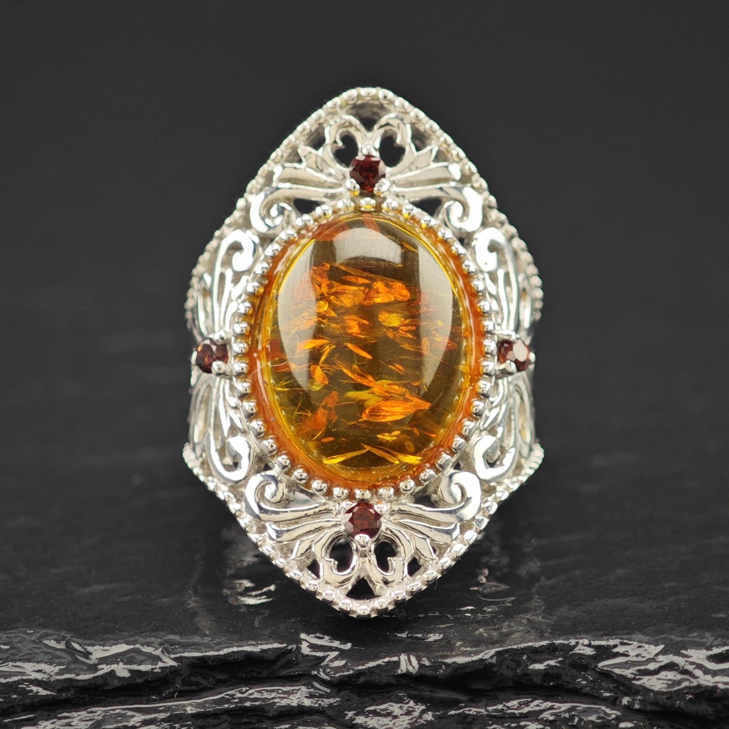 BBJ Amber Ruby Ring Sterling Silver Filigree Sz 6 1/4 R6090