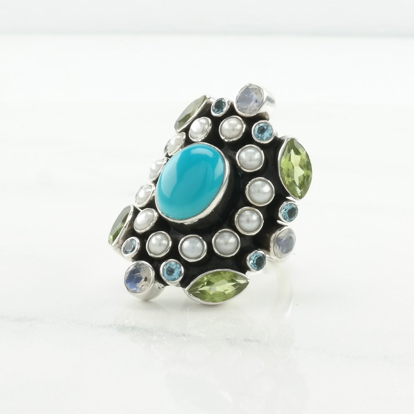 Nicky Butler Silver Ring Turquoise, Pearl, Peridot Cluster Sterling Size 7 1/4