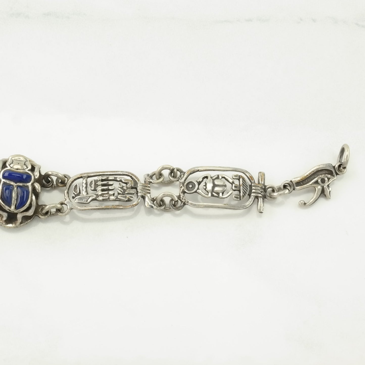 Archeological Revival Sterling Silver Link Bracelet Blue Enamel Scarab, Egyptian Themes