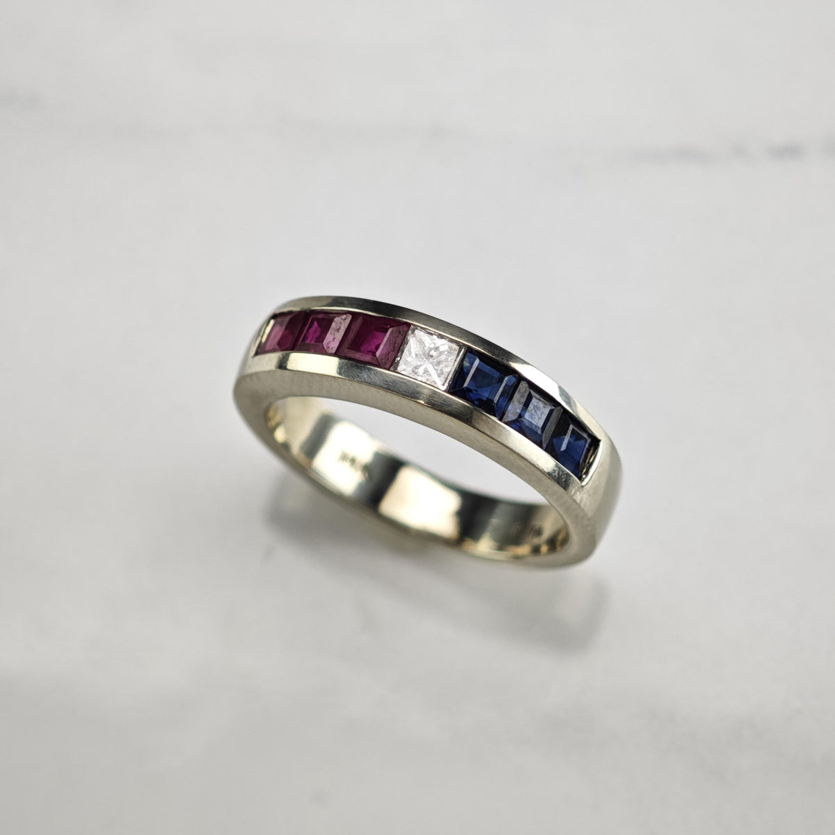 Red White & Blue Diamond Ruby Sapphire 14K White Gold Ring Sz 5 3/4 R6804