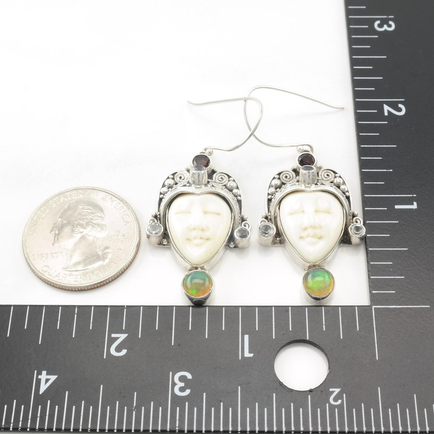 Vintage Carved Face Sterling Silver Fish Hook Earrings Opal