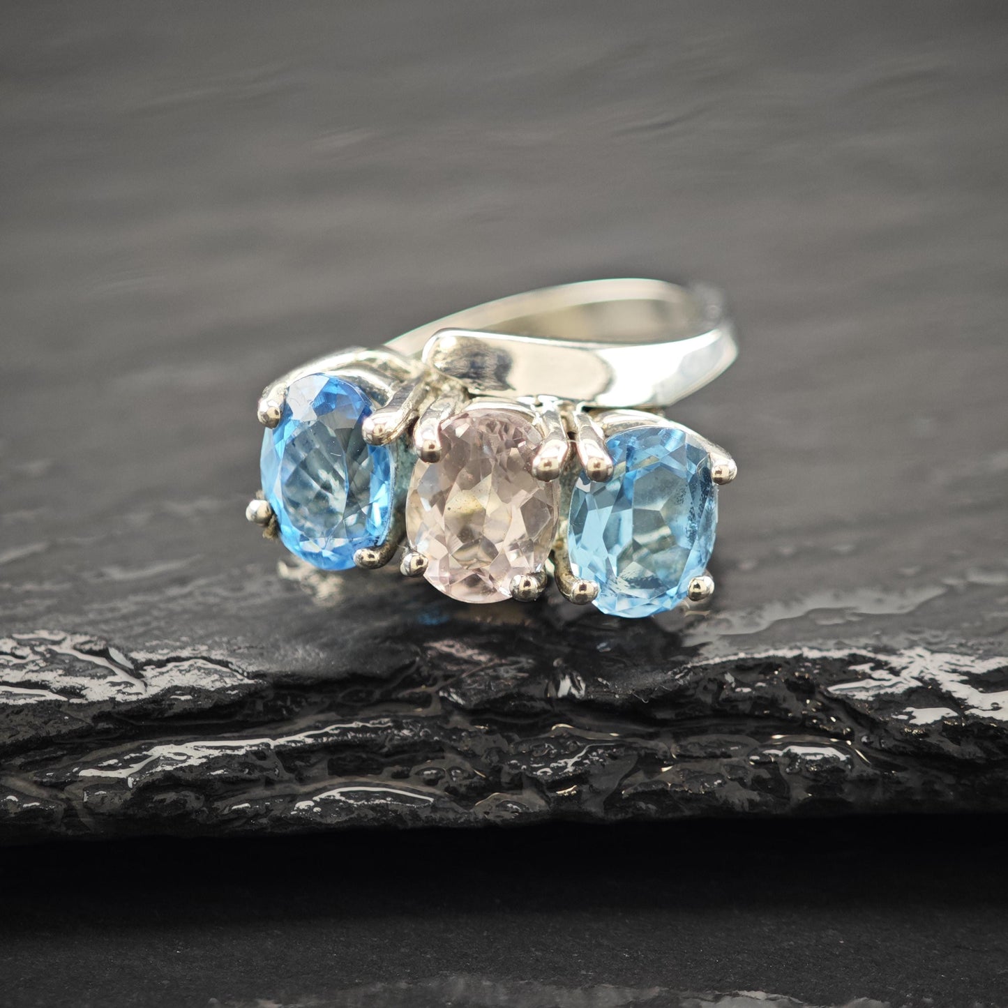 Natural Amethyst and Topaz Ring: Sterling Silver Vintage Style Size 6 3/4