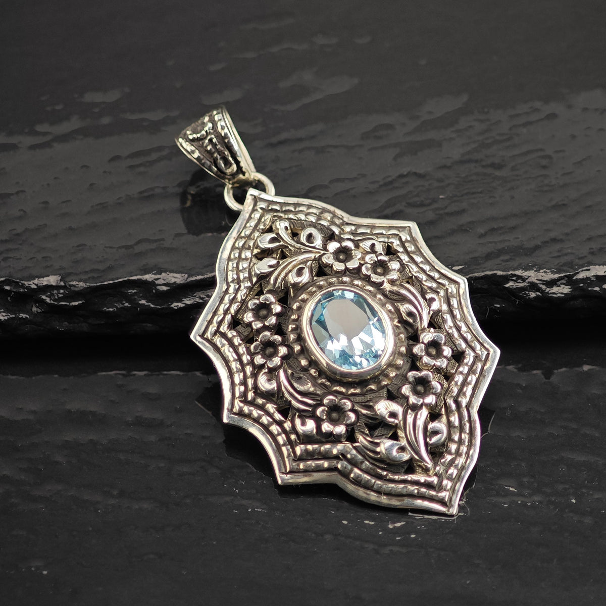 Topaz Floral Repousse Detailing Sterling Silver Pendant P3148