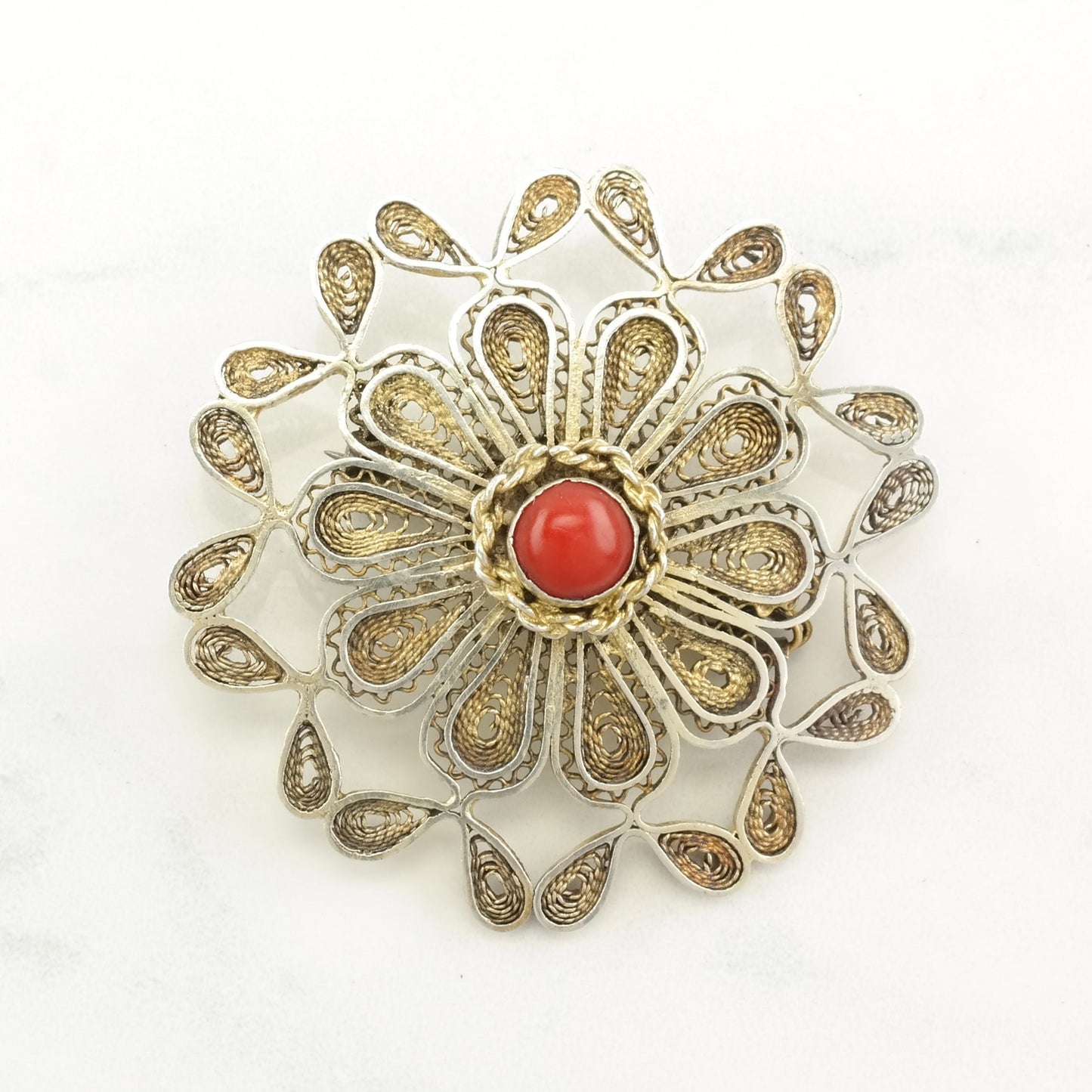 Israeli Sterling Silver Brooch Filigree, Gold Tone Coral