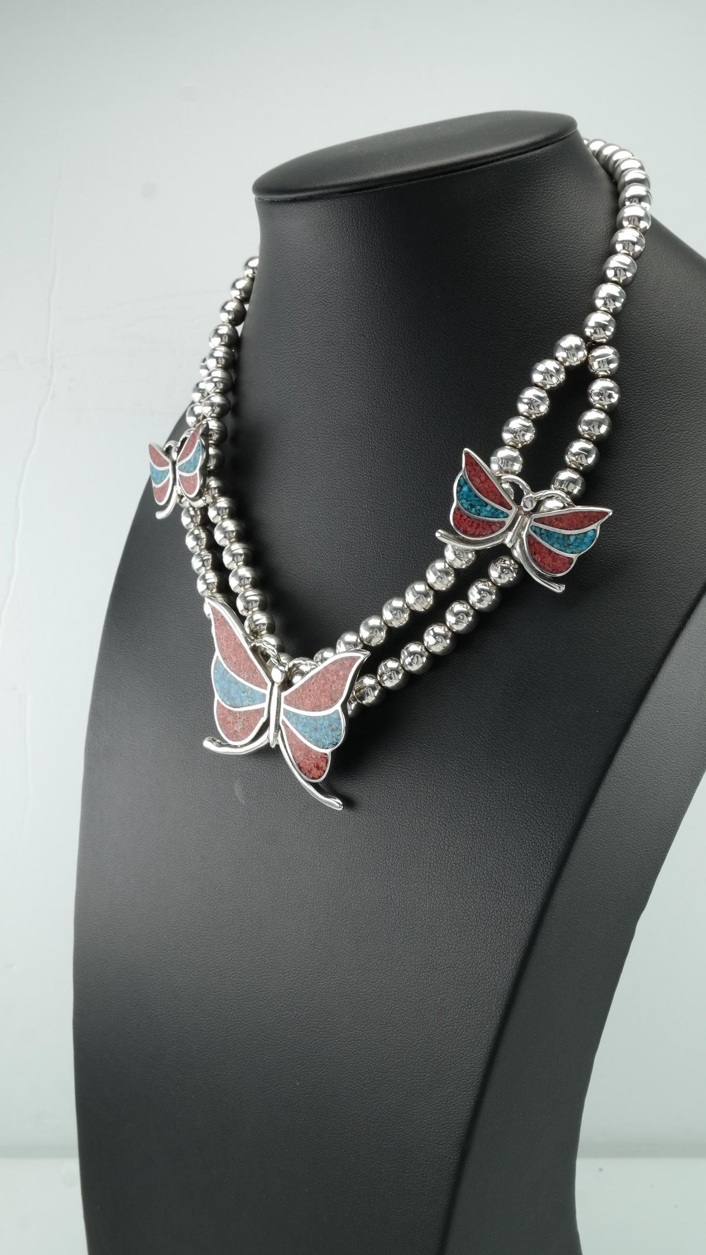 Sterling Silver Butterfly Necklace, Turquoise & Coral, Southwest