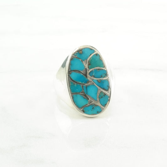 Southwest Silver Ring Turquoise Inlay, Fishscale Sterling Blue Size 11 1/4