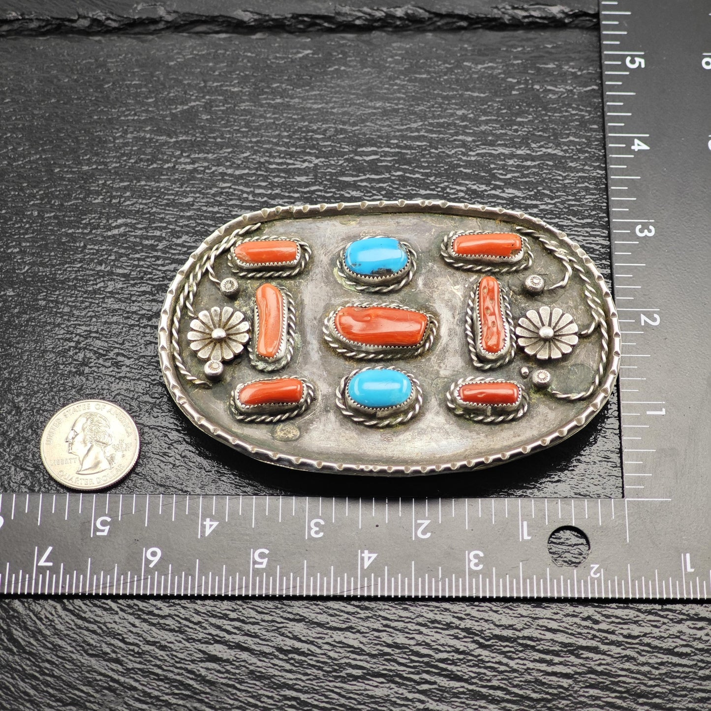 Large Sterling Silver Belt Buckle with Turquoise Coral Floral Design Native American Style