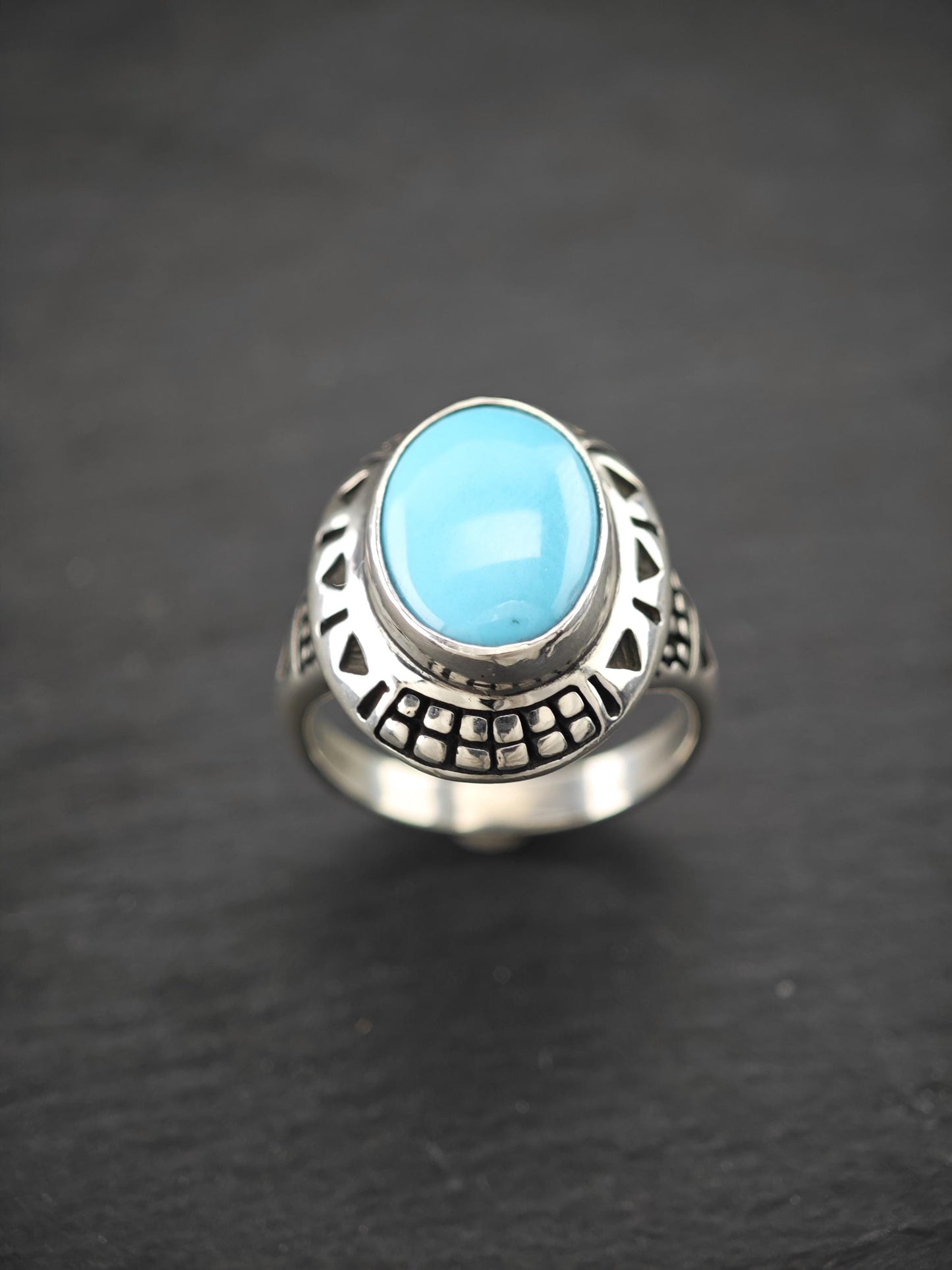 Vintage Oval Block Turquoise Ring Sterling Silver