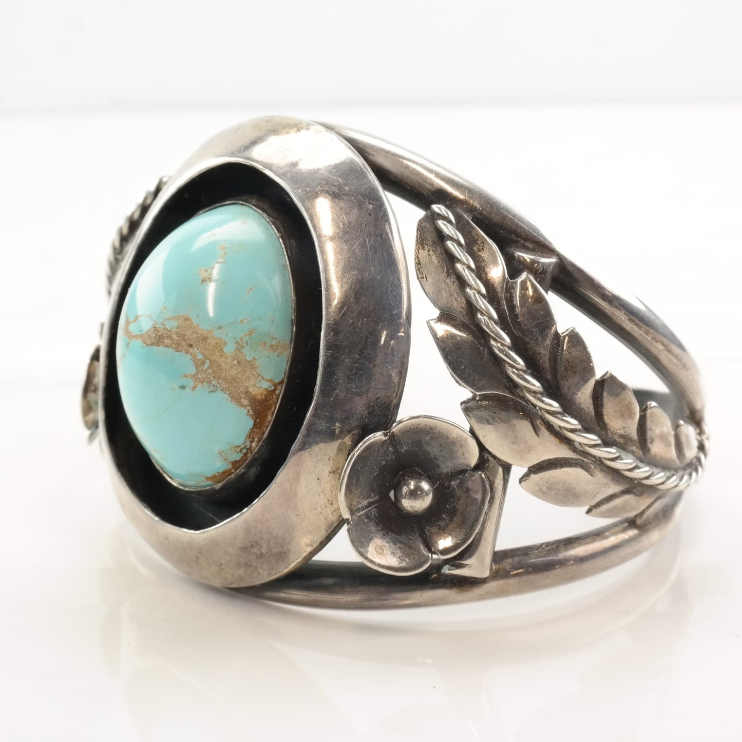 Native American Sterling Silver Persian Turquoise Flower Leaf Shadowbox Cuff Bracelet