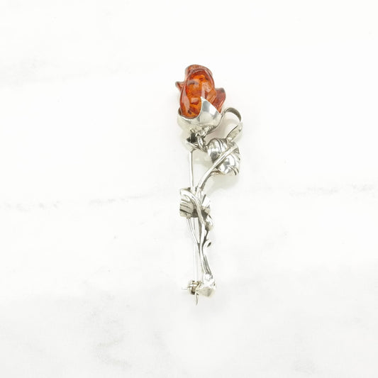 Vintage Orange Silver Brooch Rose Amber Sterling