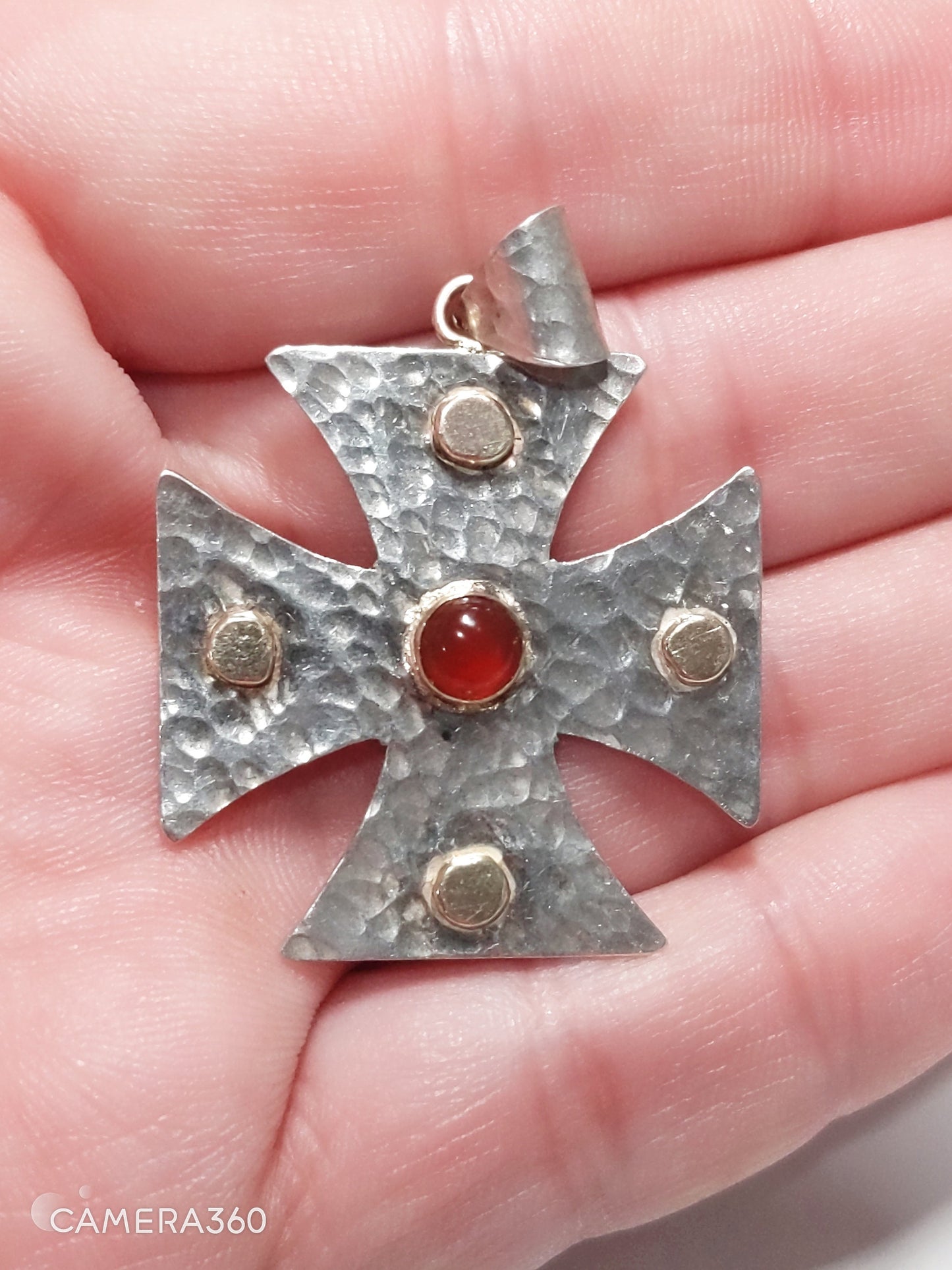 Vintage Sterling Silver Maltese Cross Carnelian Gold Accent Pendant