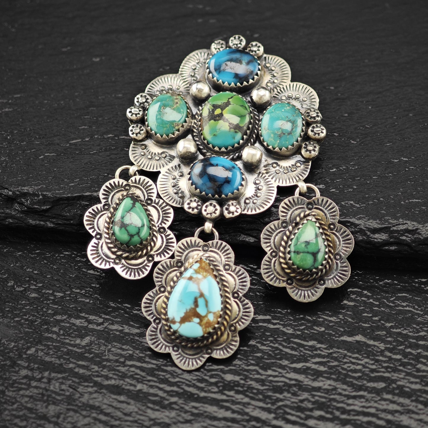 Native American Turquoise Brooch, Floral Stamped Sterling Silver