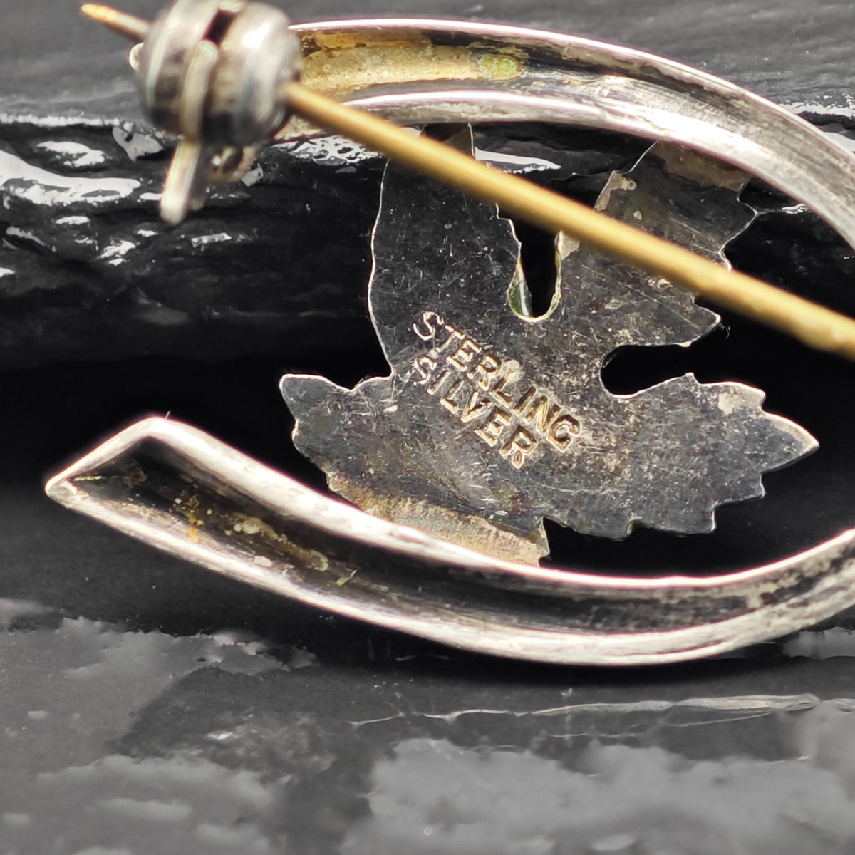 Enamel Maple Lead Wishbone Sterling Silver Brooch B2254