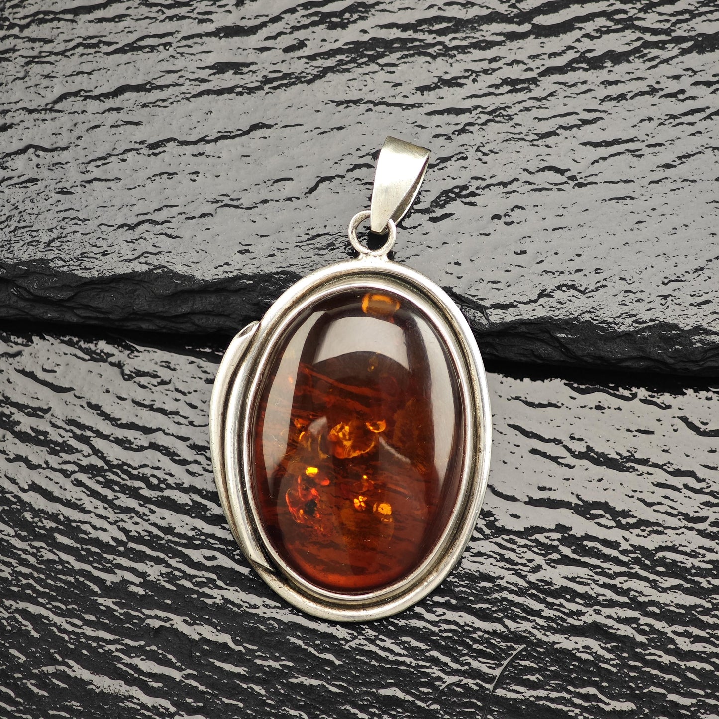 Vintage Oval Amber Pendant Sterling Silver