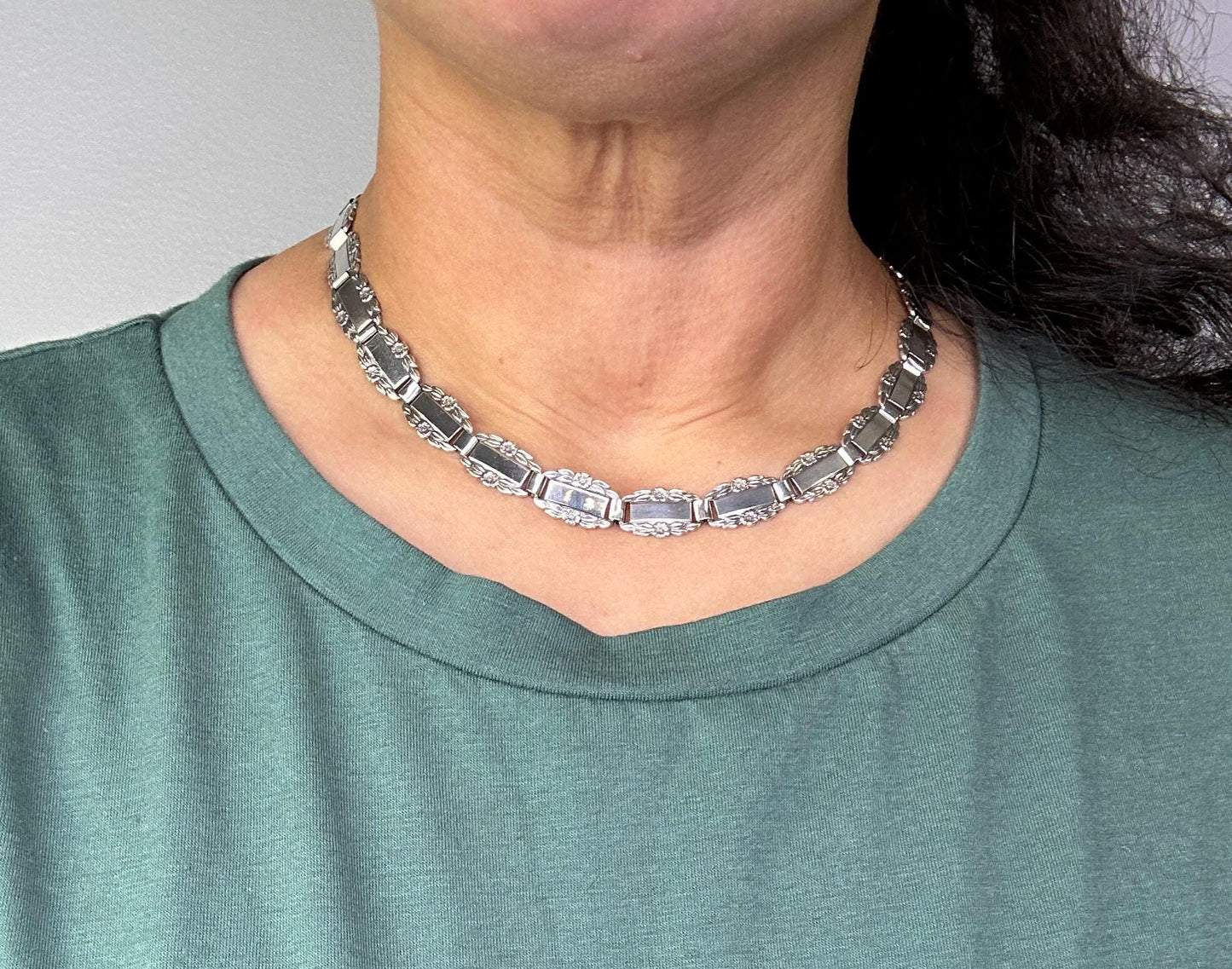 WWII Era Sterling Silver "Forget Me Not" Choker Necklace | 1940s | Engravable