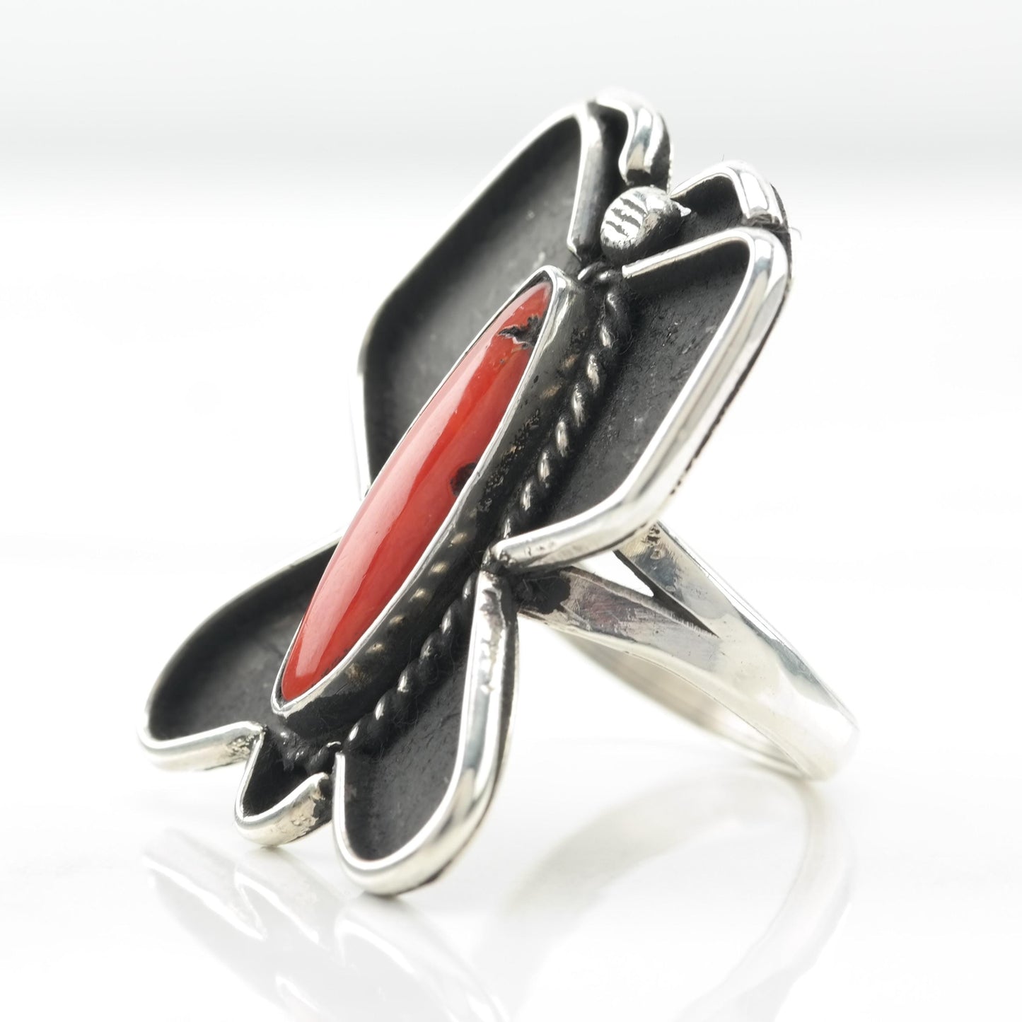 Native American Coral Butterfly Silver Ring, Shadow Box Sterling Size 7 1/2