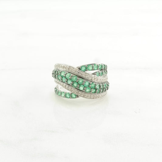 Vintage Sterling Silver Ring Emerald, Pave Spinel Green Size 5