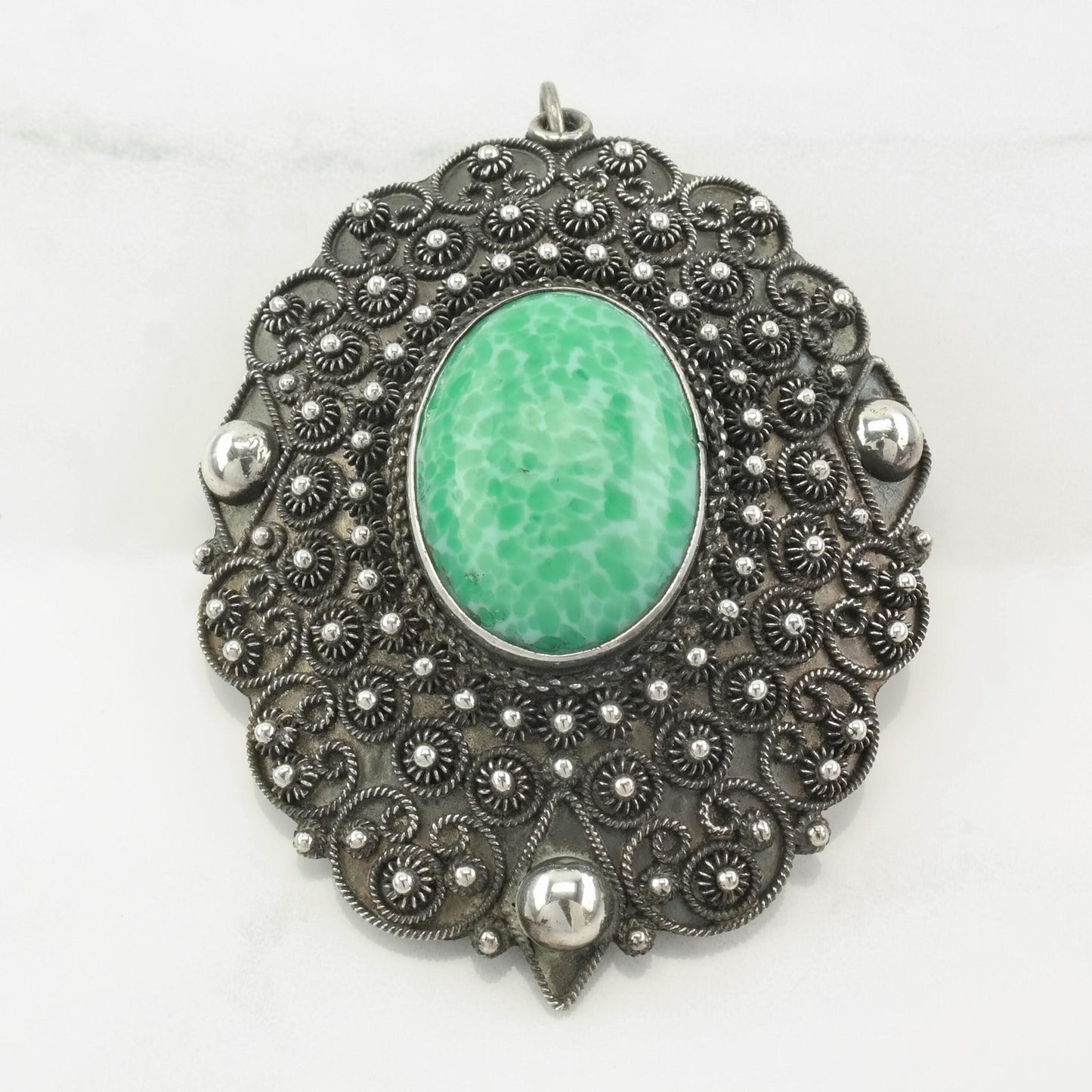 Green Peking Glass Brooch Pendant Filigree Sterling Silver