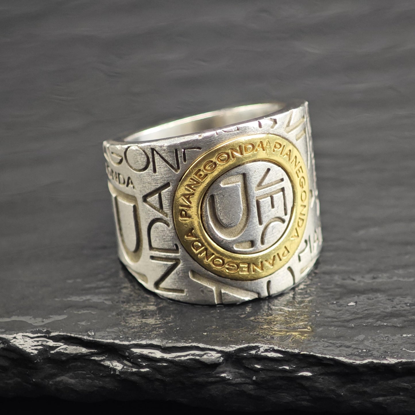 Pianegonda Gold Accent Stamped Design Sterling Silver Ring Sz 6 1/2 R6641