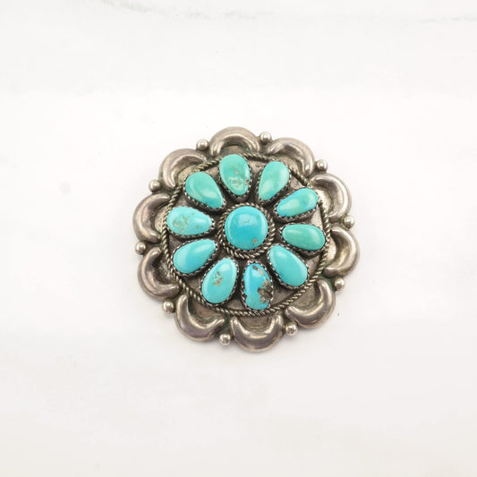 Native American Sterling Silver Brooch Pendant Flower Cluster Turquoise