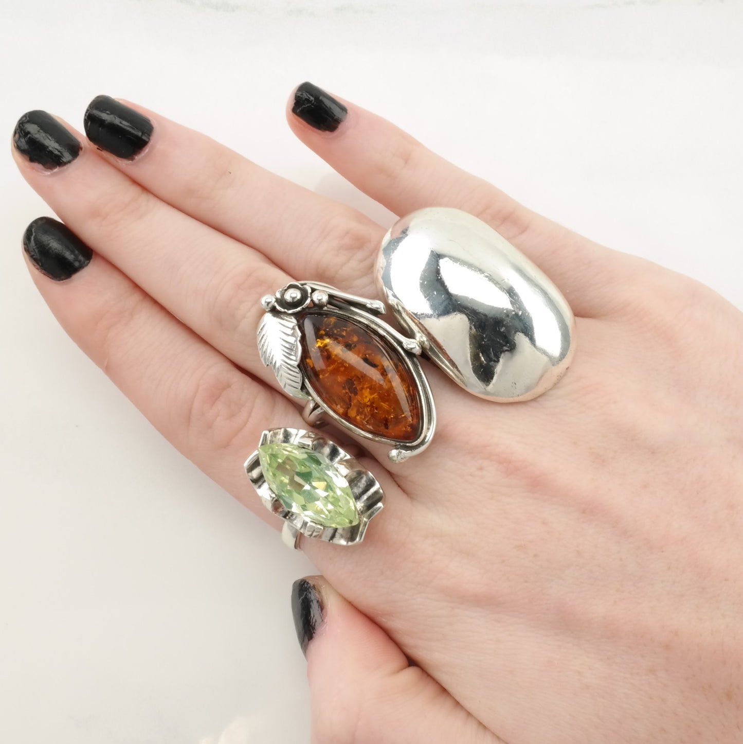 Art Nouveau Style Silver Ring Amber Floral Sterling Orange Size 9