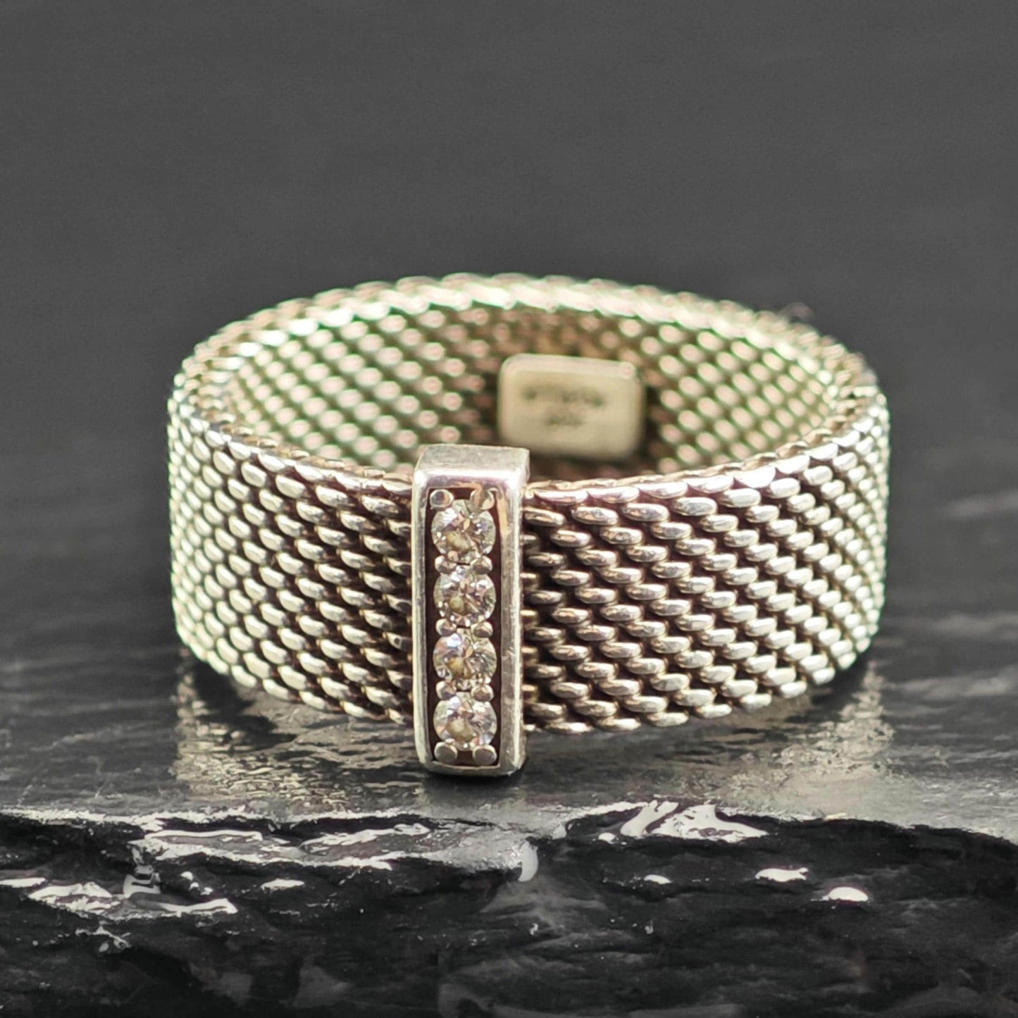 Vintage Tiffany & Co. Diamond Somerset Mesh Sterling Silver Ring Sz 5 1/4 R6579