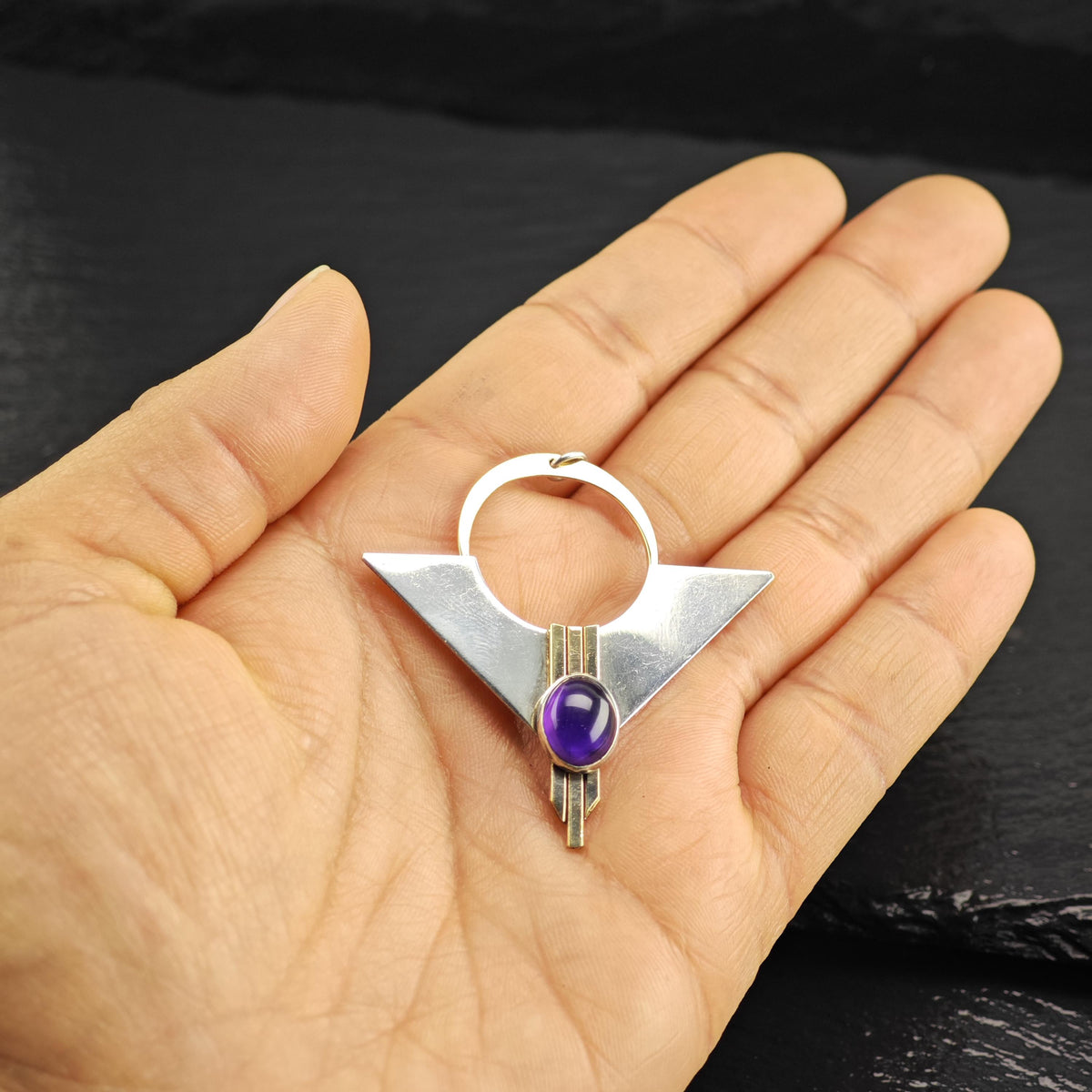 Modernist Amethyst Gold Accent Triangular Sterling Silver Pendant P3119