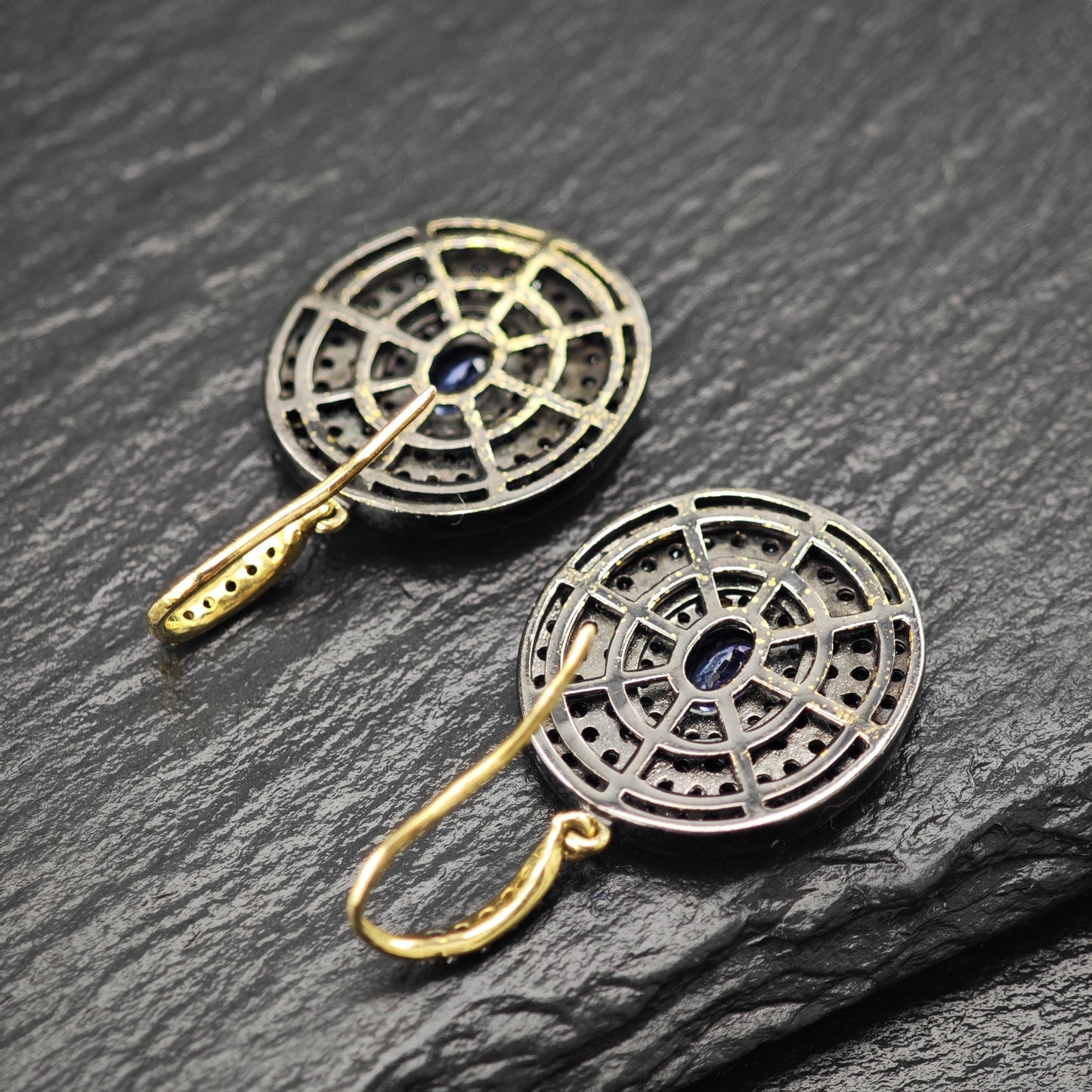 MLD Black, blue, Gold Tanzanite, Diamond, Spinel Pave Sterling Silver Dangle Earrings