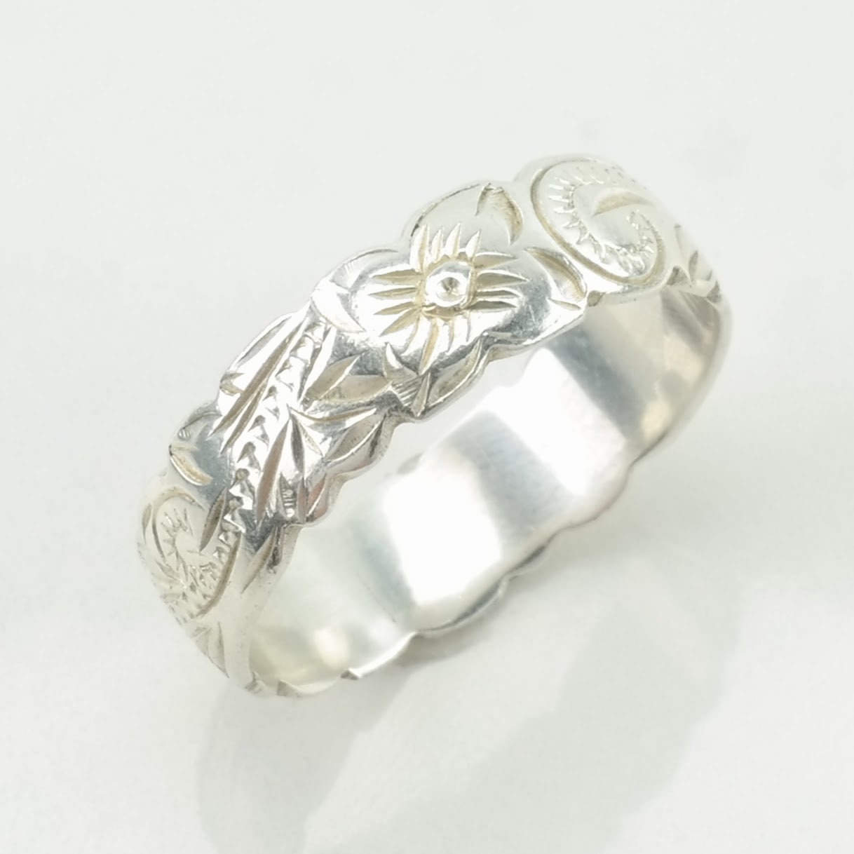 Sterling Silver Ring Engraved Floral, Western, Band Size 8 3/4