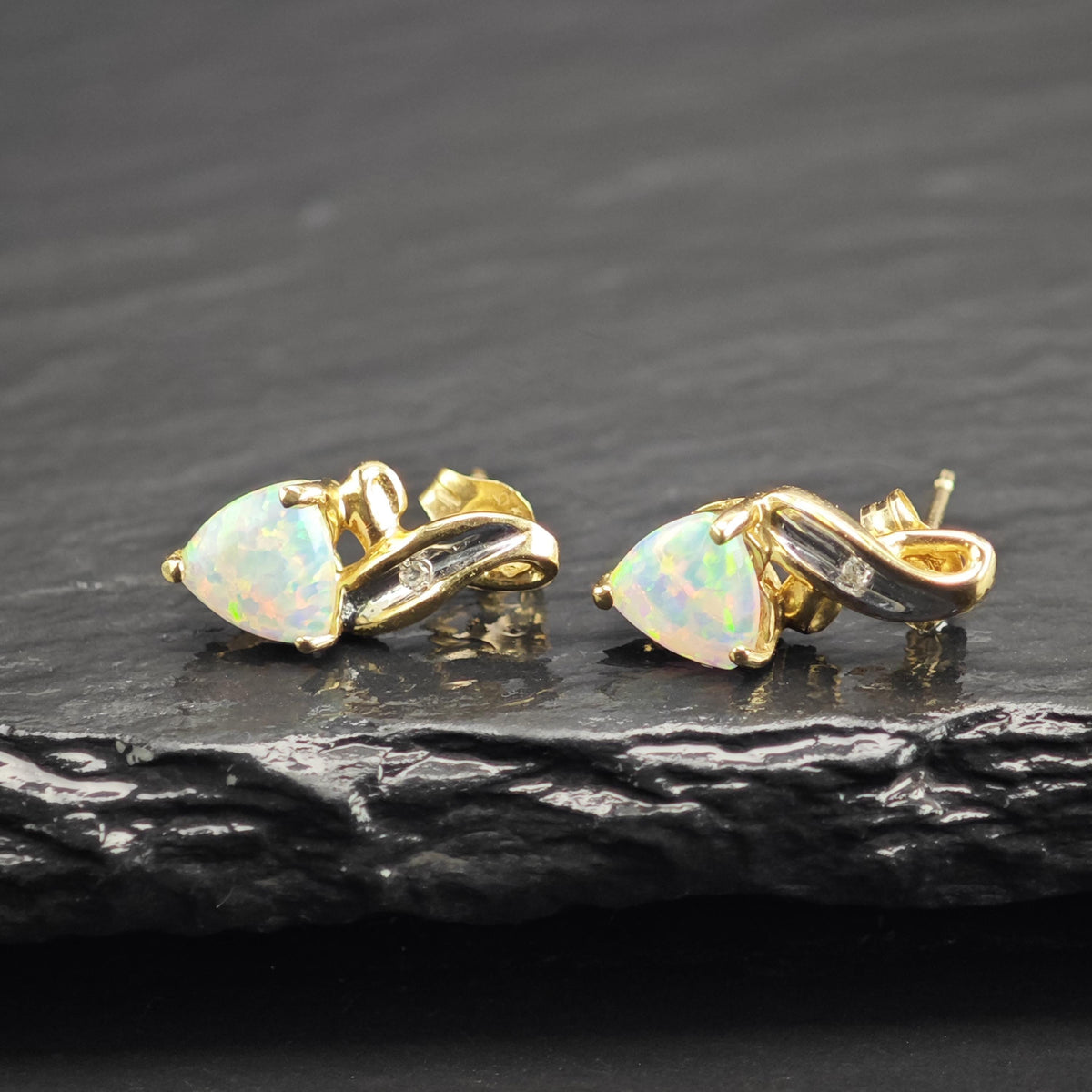Lab Opal, Diamond Chip 10K Gold Stud Earrings ER3223