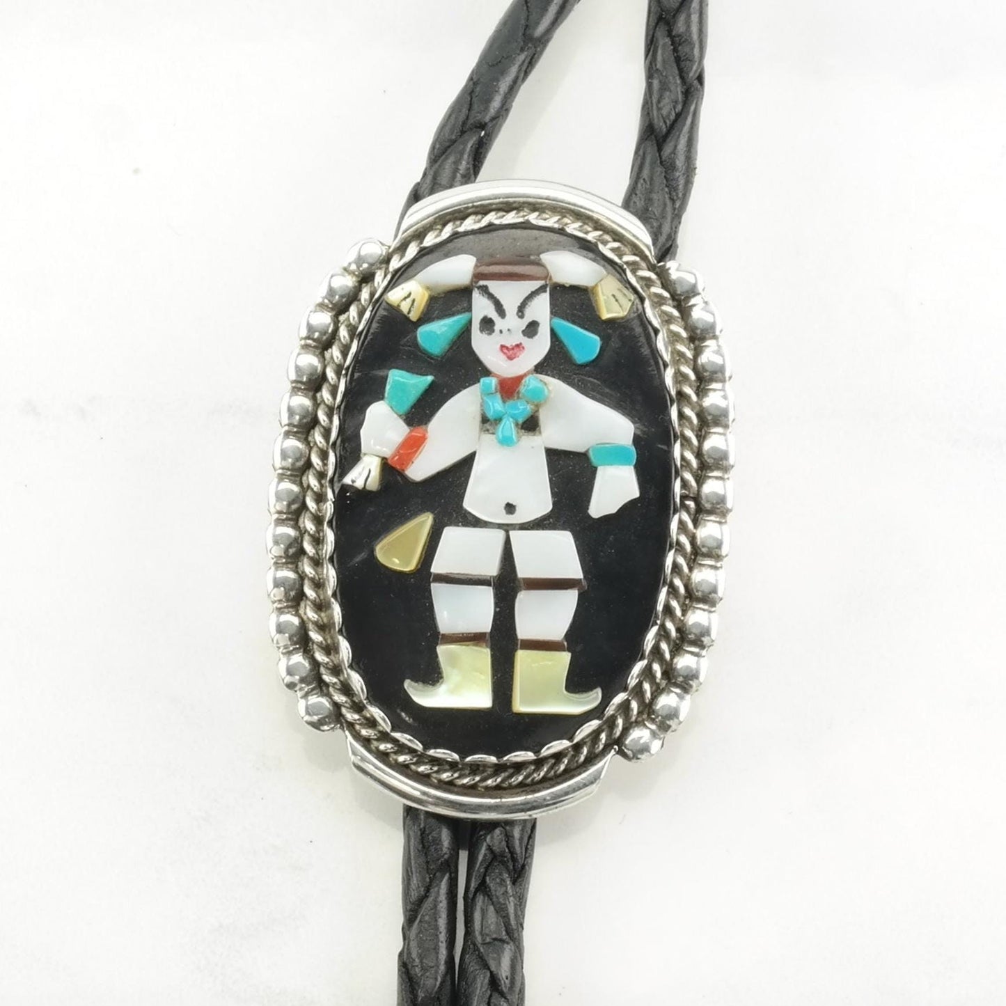 Zuni Calavaza Inlay Bolo Tie Figure Sterling Silver Turquoise Coral Necklace