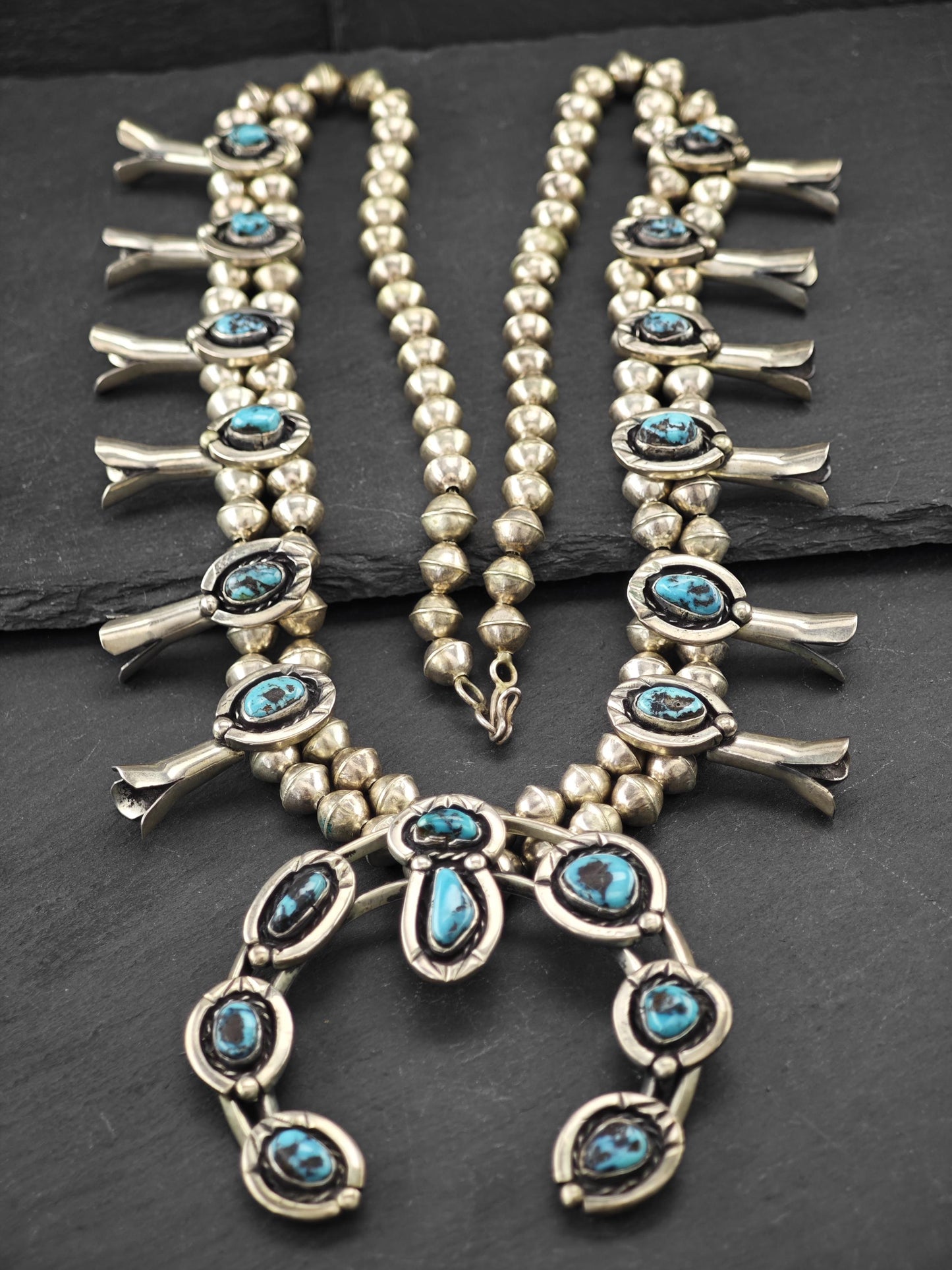 Native American Turquoise Squash Blossom Necklace Sterling Silver