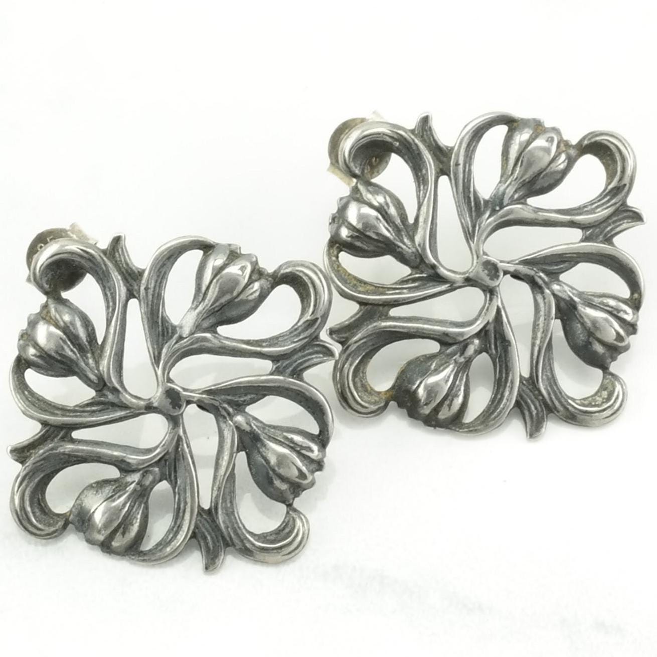 Vintage Sterling Silver Stud Earrings Floral Square