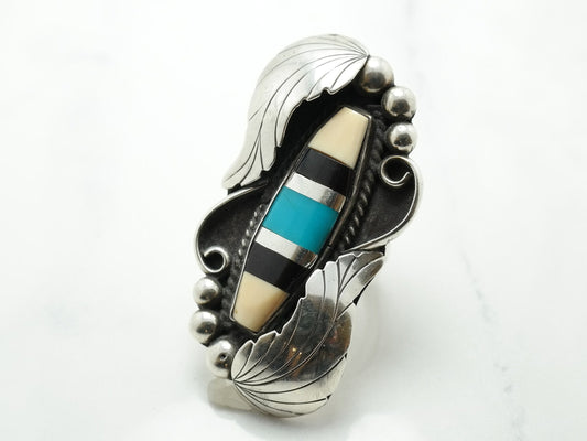 Navajo Ring Jet Turquoise Leaf Navette Sterling Silver Size 7 1/2