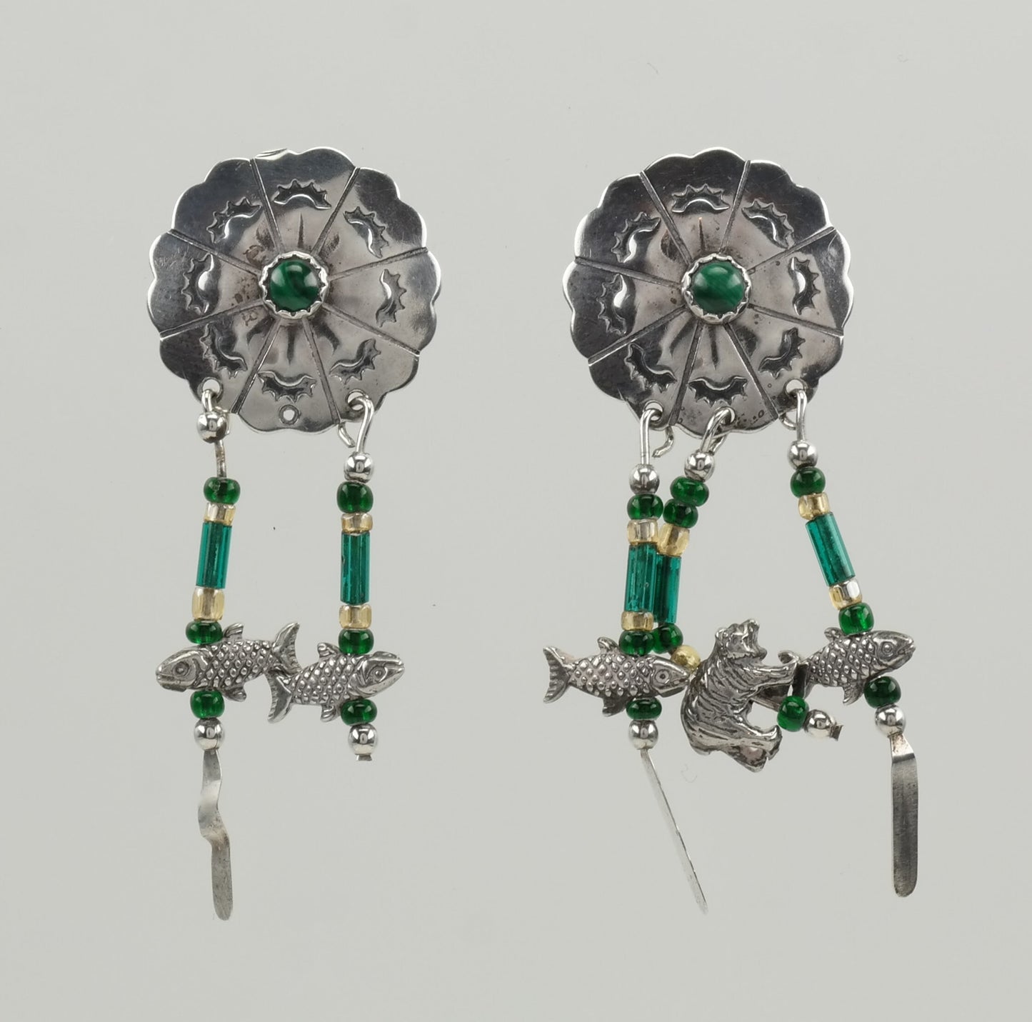 Southwest Sterling Silver Malachite Animal Dreamcatcher Bead Earrings