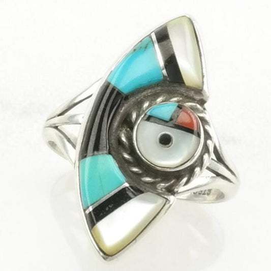 Vintage Zuni Silver Ring Turquoise, Onyx, MOP Inlay Sterling Size 7 1/2