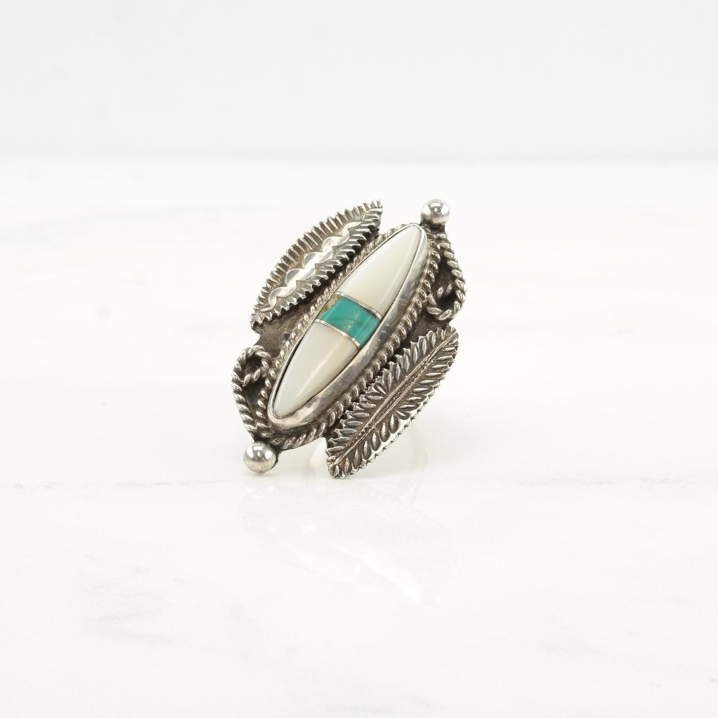 Native American Silver Ring MOP Turquoise Leaf Sterling Size 5 1/2