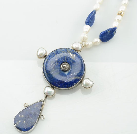 Vintage Sterling Silver White Blue FW Pearl Lapis Lazuli Gold Color Beads Necklace