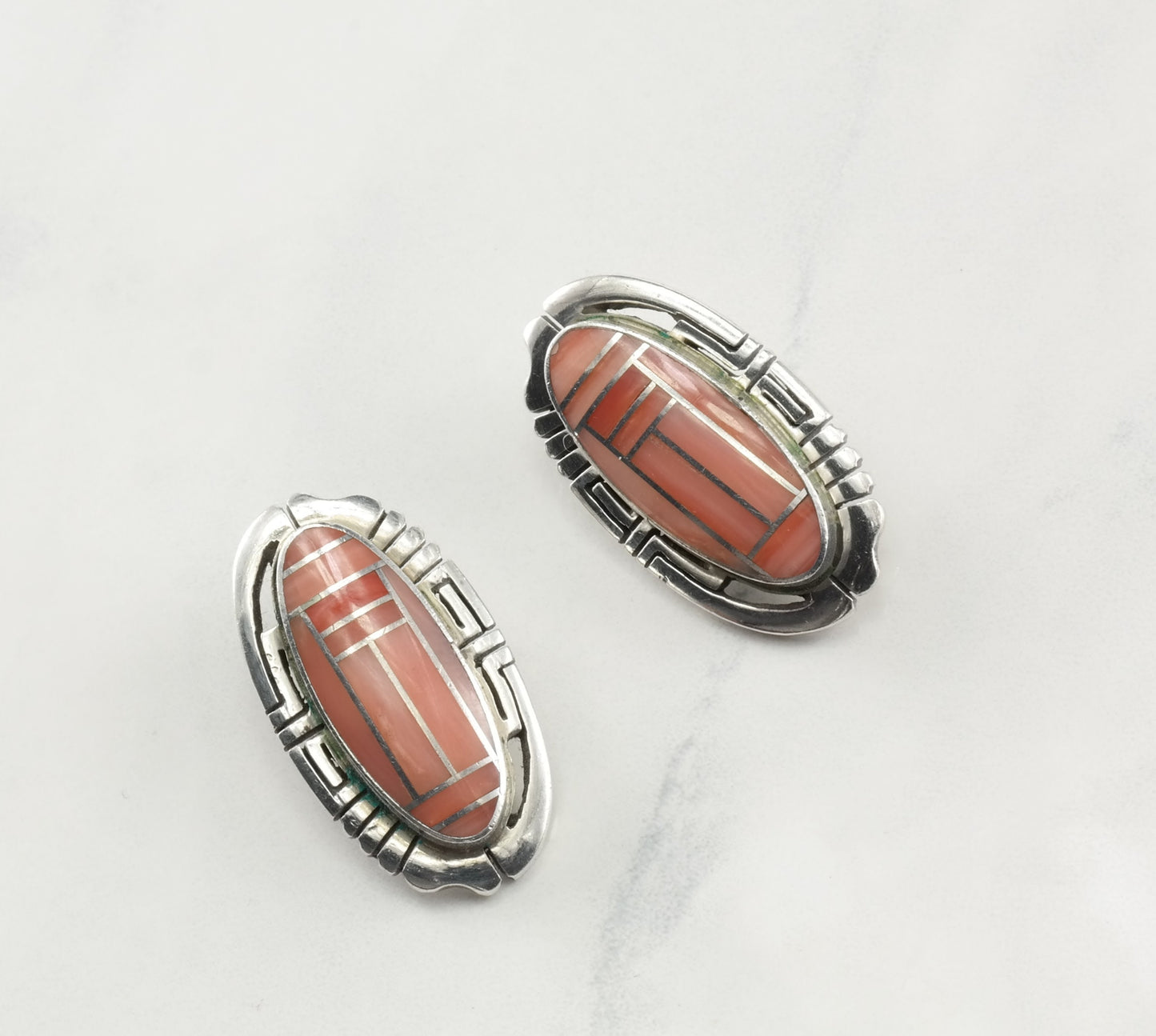 Native American Coral Inlay Shadowbox Sterling Silver Earrings Clip On