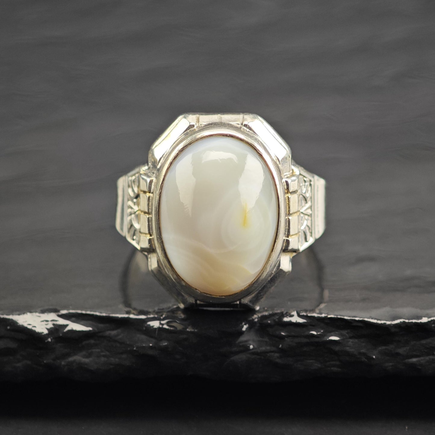 Art Deco White Agate Sterling Silver Ring Sz 8 3/4 R6640
