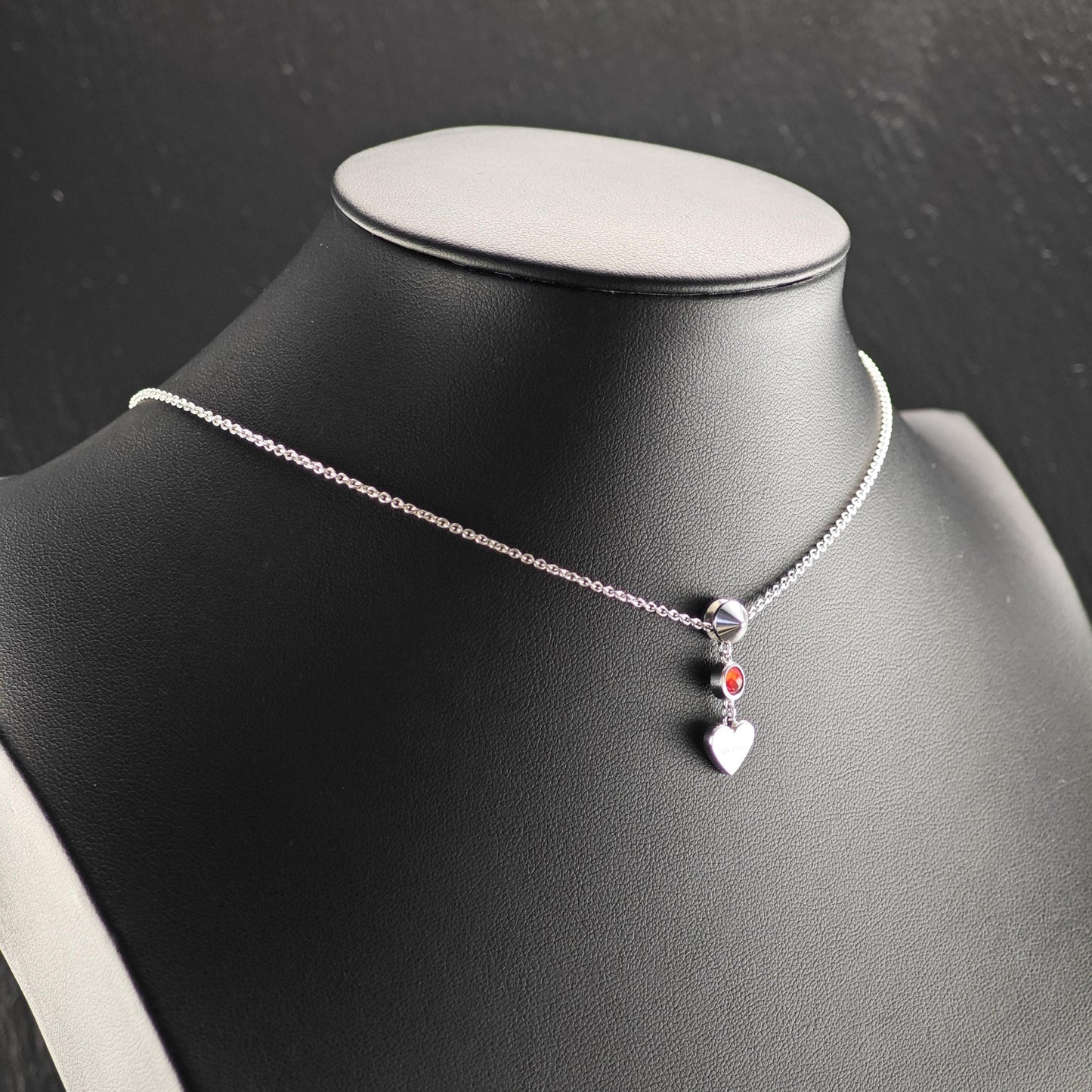 Gucci Sterling Silver Red Crystal Heart, Modernist Necklace N2592