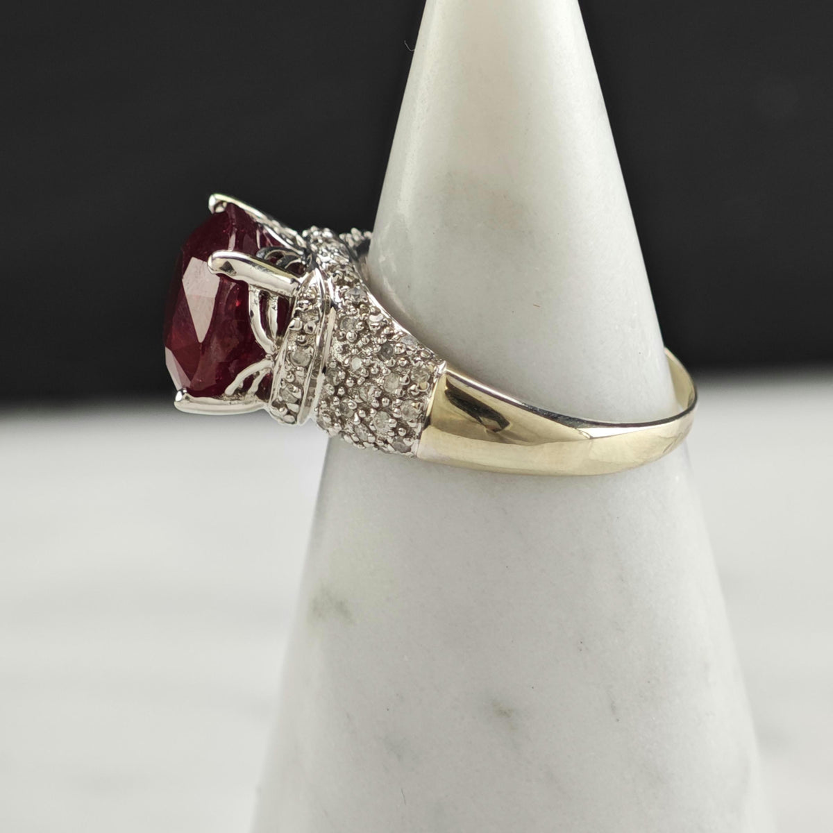 7ct Glass Filled Ruby & Diamond Cluster 14K White Gold Ring Sz 8 R6796