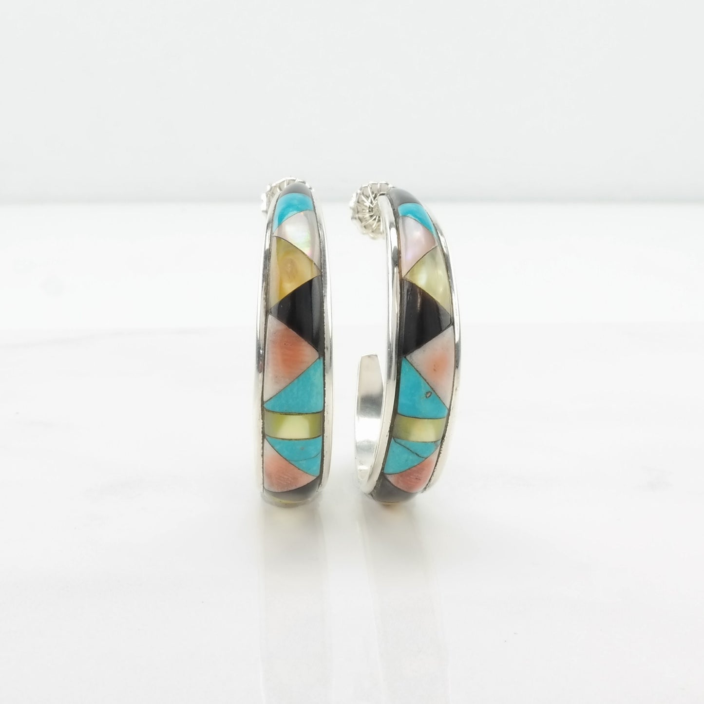 Sterling Silver Stud/Hoop Earrings Native American Turquoise, Onyx, MOP, Conch Inlay